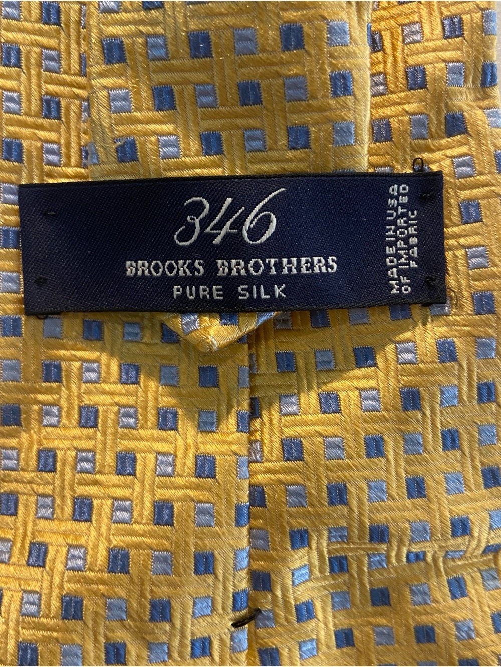 Brooks Brothers Yellow Silk Tie with Blue Square Pattern